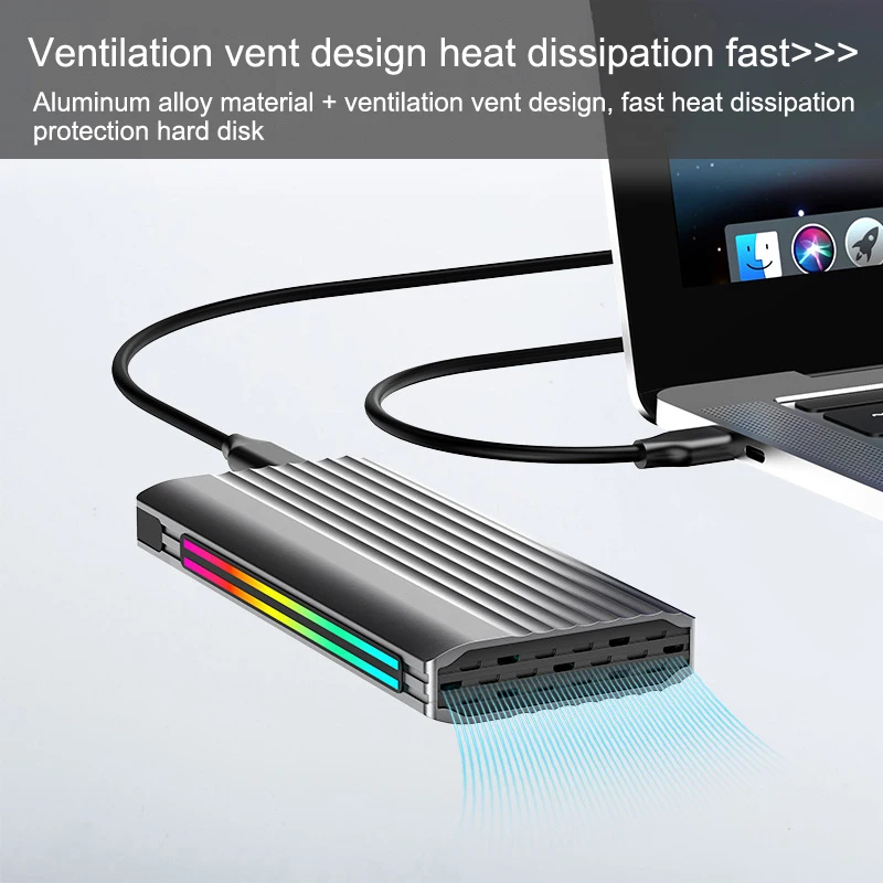 صندوق تخزين M.2 SSD RGB الضوء المحيط NVMe/NGFF بروتوكول مزدوج محرك الأقراص الصلبة الخارجية 20G صندوق القرص الصلب القابل للإزالة للكمبيوتر بدون أدوات