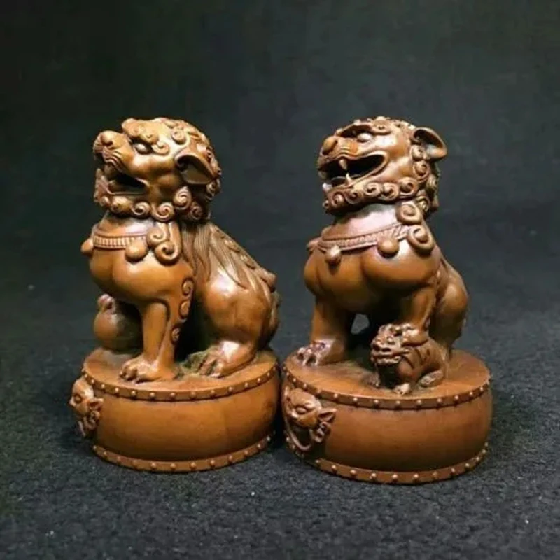 Chinese Boxwood Wood Carving Fengshui Lion Fu Foo Dog Guardion Beast Statue Pair