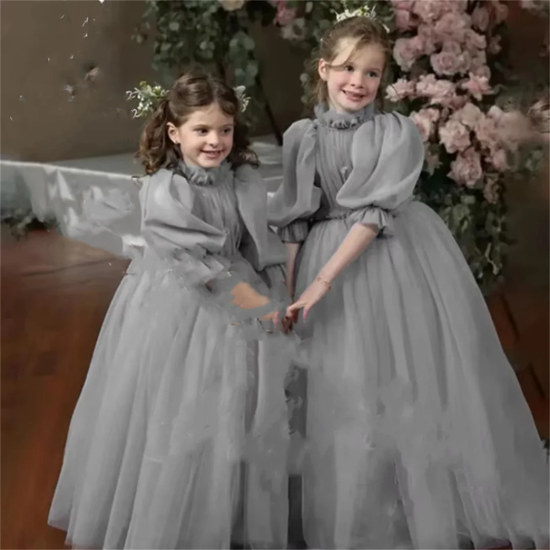 Robe de demoiselle d'honneur bleue pour mariage, tulle bouffant, plissé, col haut, style long, anniversaire des enfants, quelle que soit la robe de princesse de luxe