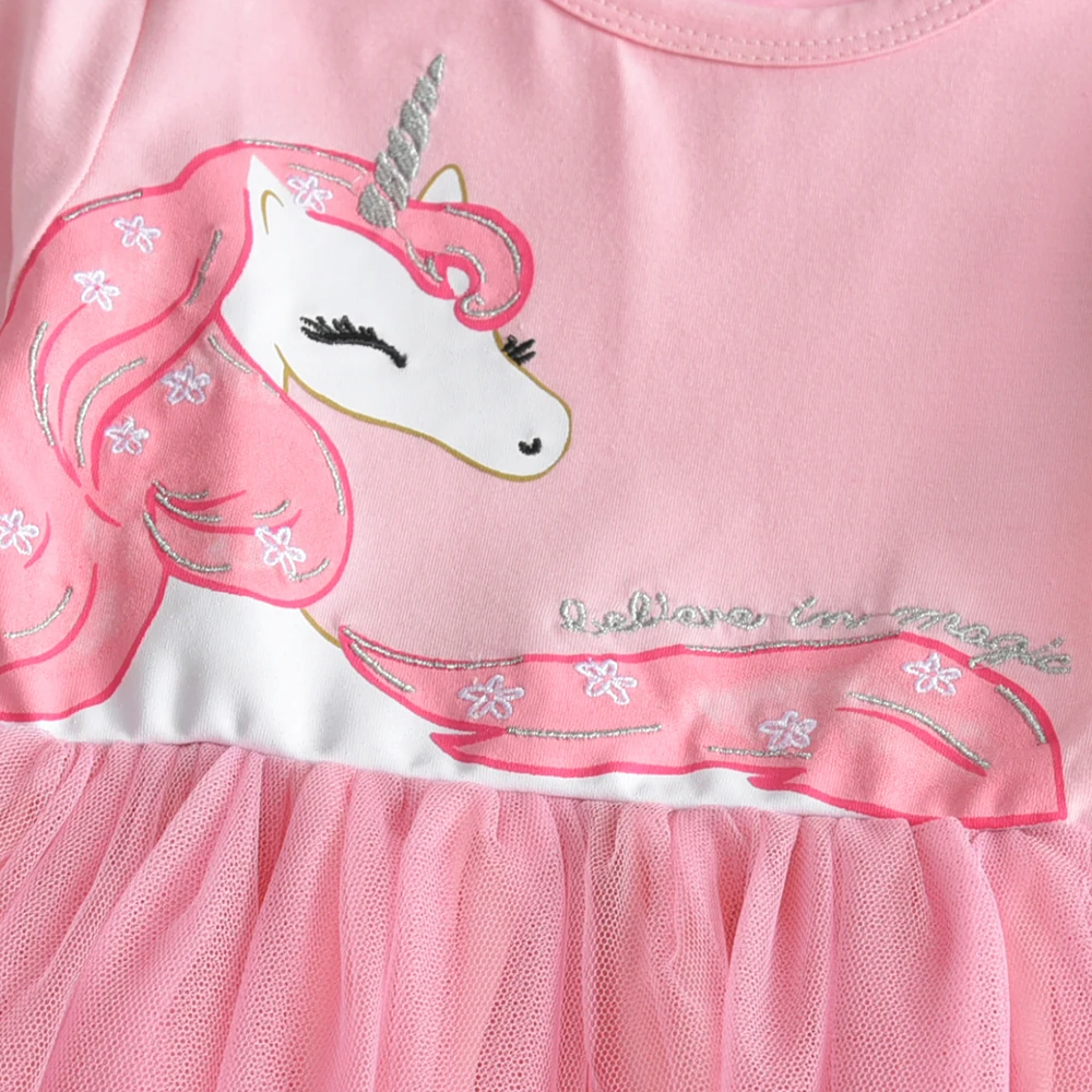 DXTON Mädchen Einhorn Cartoon Print Kleid Kinder Rosa Prinzessin Mesh Tüll Geburtstag Party Festival Kleider Kinder Kleidung 3-8 Jahre – Detail 7