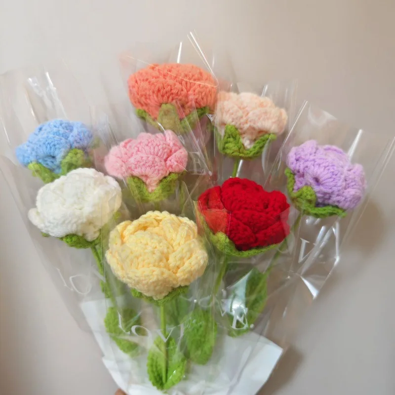 

1PC Hand Knit Single Rose Bouquet Crochet Woven Fake Flower Daisy Tulip for Valentine's Mother's Teacher's Day Home Decoration