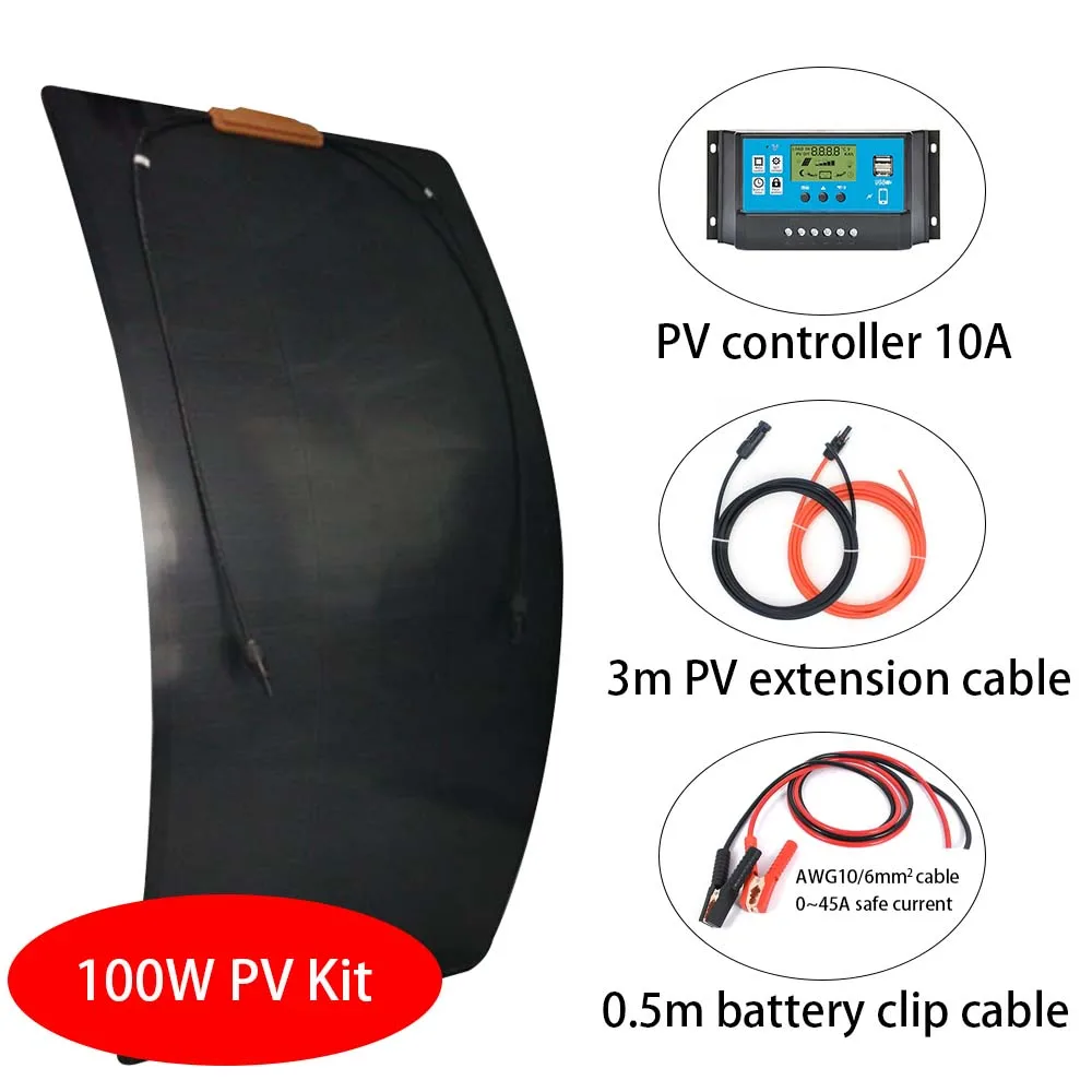 

100W Flexible Solar Panels All Black ETFE MONO TPT 100W 200W Kit With Controller and Connectors 12V PV Panels Flexible