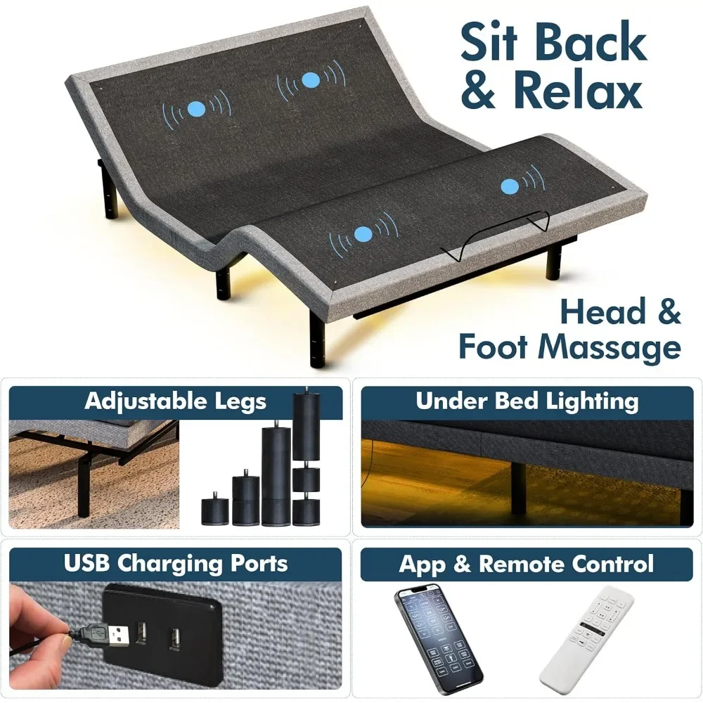 Adjustable Bed ,with Hybrid Memory Foam Mattress, Electric Massage, Under Beds Light, Wireless Remote Adjustable Bed Frame