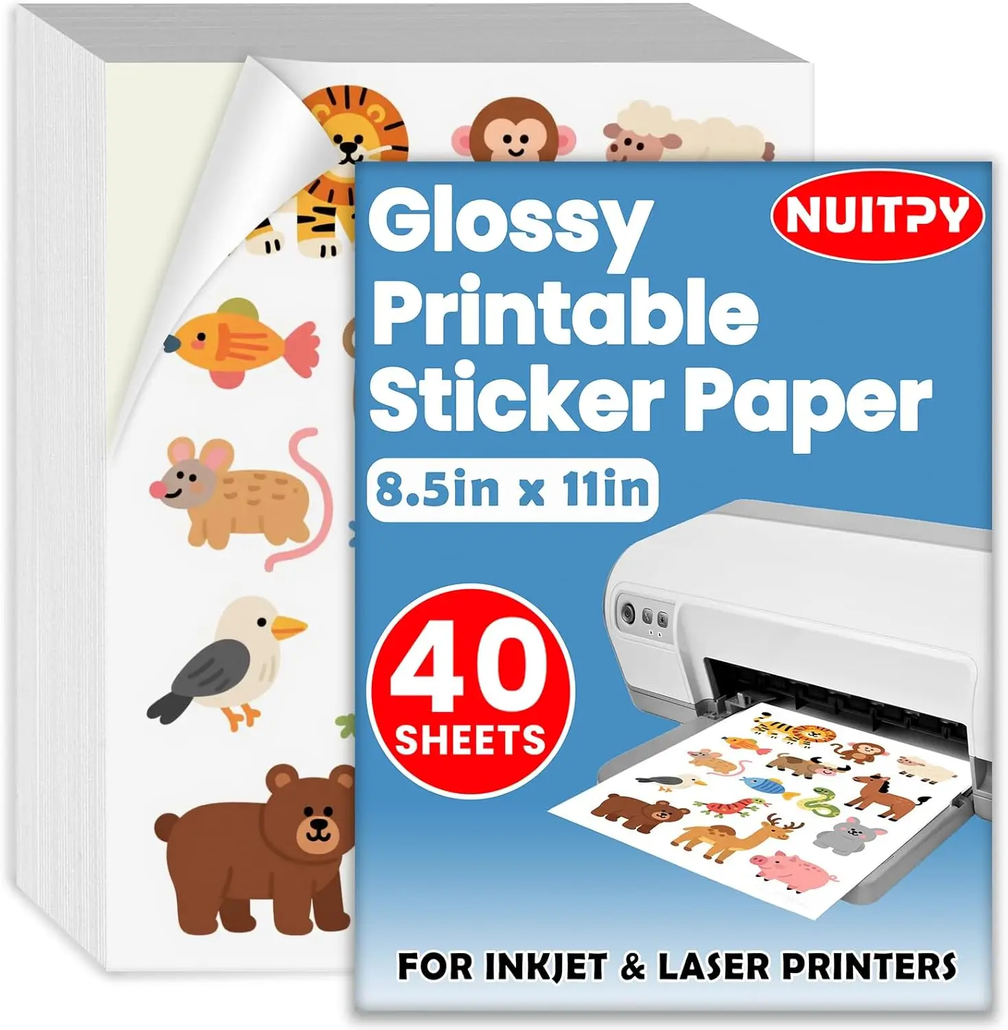

40 Sheets Glossy Sticker Paper, 8.5in x 11in Sticker Paper for Inkjet & Laser Printer, Self-adhesive Printable Sticker Papers, V
