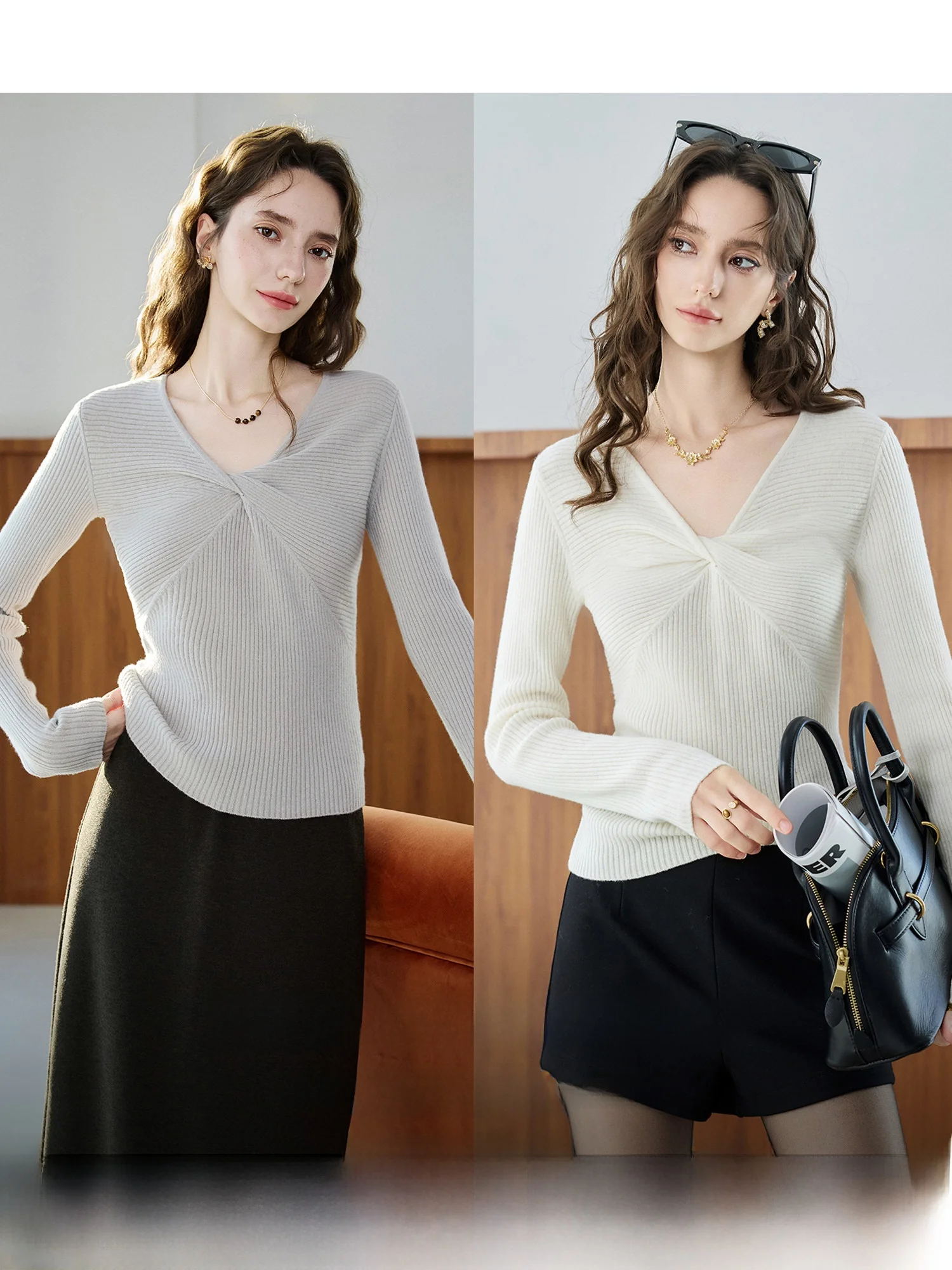 

Женский весенний топ Ele Nina Twist из 100% тонкой шерсти, облегающий, с V-образным вырезом, длинными рукавами, из мягкого хлопка и шерсти