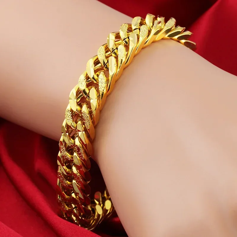 12MM 999 24K real gold Pure Bracelet for Men Women Chain Bracelet Bangles Wristband African Gold Fine Jewelry