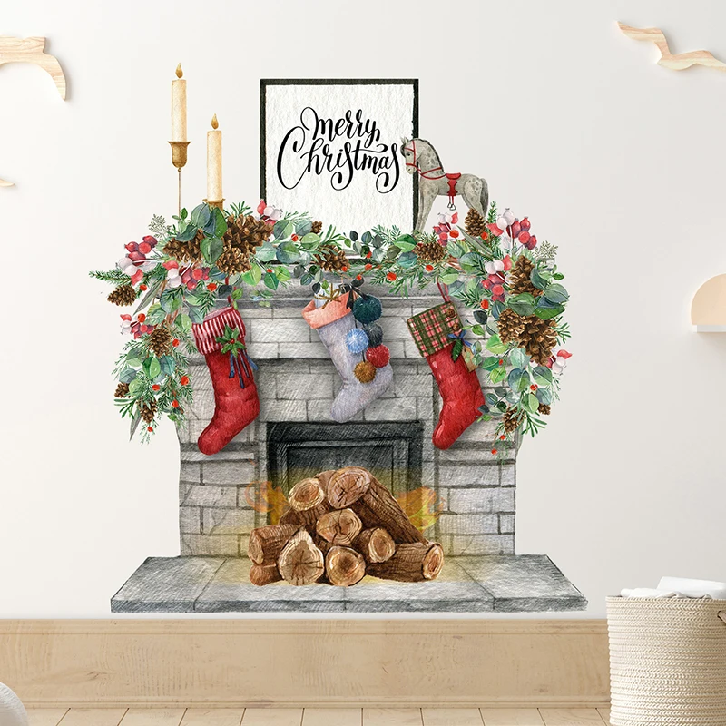 Merry Christmas Fake Fireplace with fire Christmas Gift Wall Stickers for Living Room Kitchen Room Home Decorative Sticker Decor