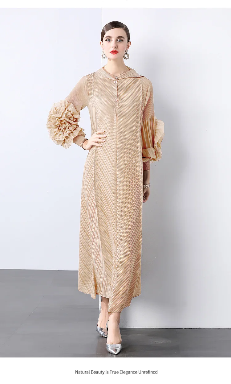 Sukienka plisowana Miyake damska 2025 nowa plisowana sukienka z długim rękawem modna trójwymiarowa kwiatowa temperamentna spódnica średniej długości