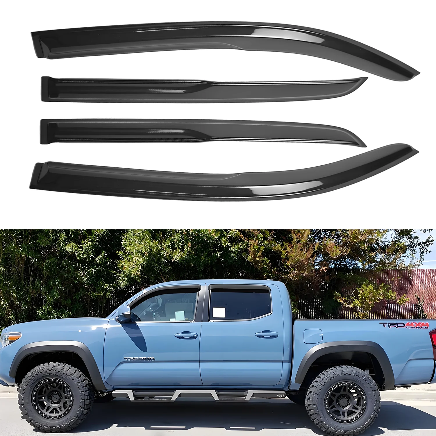 

For Toyota Tacoma Crew Cab 4-Door 2016-2023 Wind Deflectors Tinted 4pcs Set Window Visor Sun Rain Vent Guards with Drain Channel 1.5MM Thickness