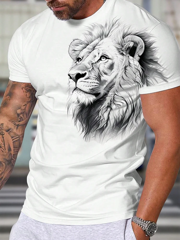 Nueva camiseta informal de verano para hombre, camiseta de manga corta para hombre de calle diaria, camiseta con estampado de León para hombre, camiseta deportiva de moda