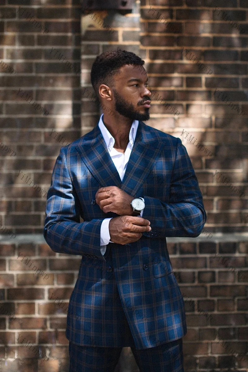 بدلة رجالية منقوشة باللون الأزرق الداكن من YiMinpwp مكونة من قطعتين من الساتان للأعمال بقصة ضيقة وزر مزدوج مصممة خصيصًا لحفلات الزفاف الرسمية