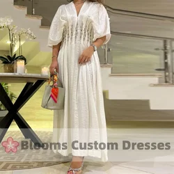 White V-Neck Customized A-Line Beaded Prom Dresses Shiny Saudi Half Sleeves Formal Evening Party Gown Ankle-length