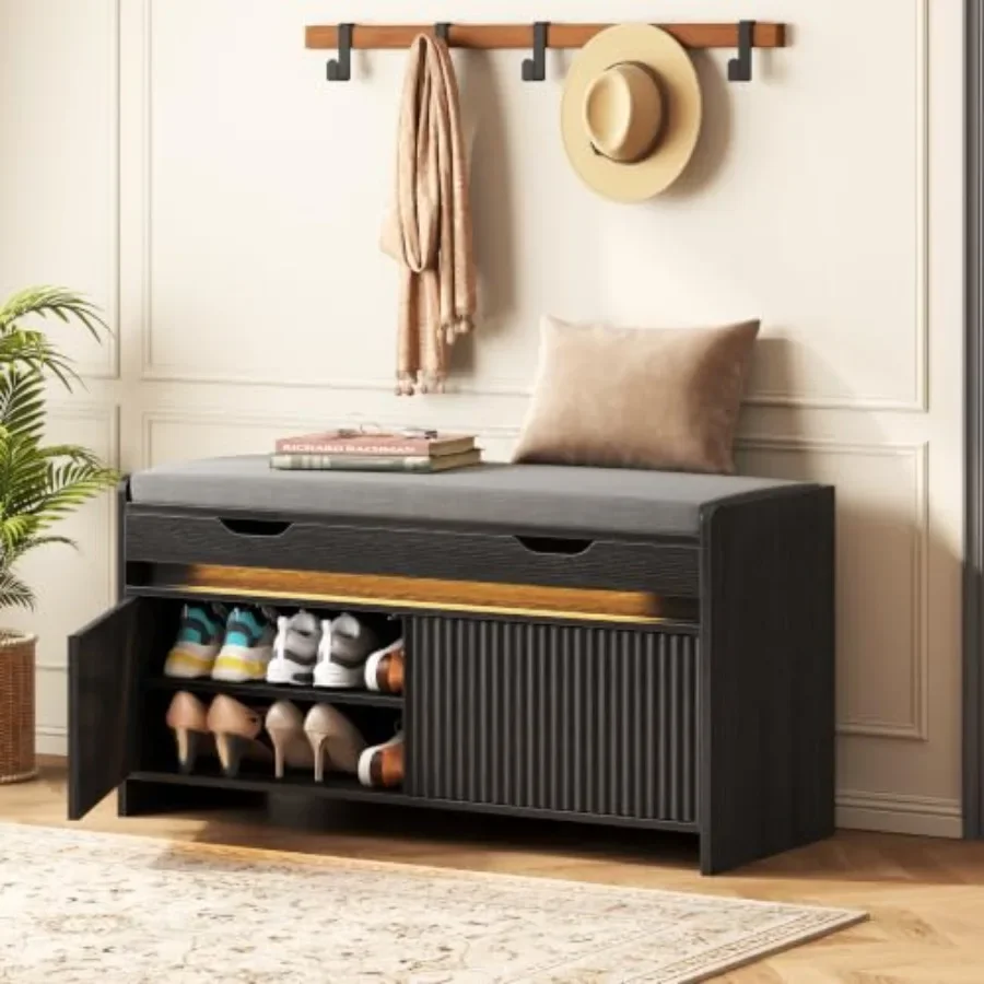Shoe Storage Bench for Entryway and Bedroom, Wood with Fluted Doors Built-in LED Sensor Light, Gray Fabric Cushion, Modern Styl