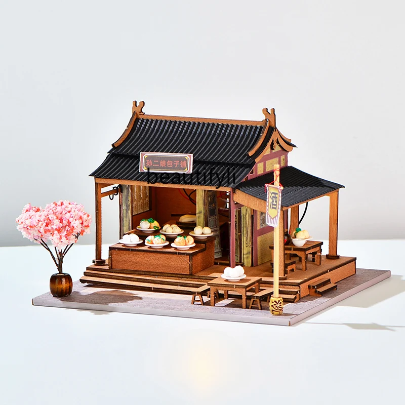 National style and ancient style house, wooden DIY hut handmade and assembled literary and retro ornaments