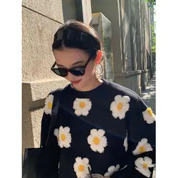 Sunflower Flowers Autumn and Winter Outer Wear Thickened Wild Round Neck Pullover Loose Knitted Sweater 2022 Sweater Women