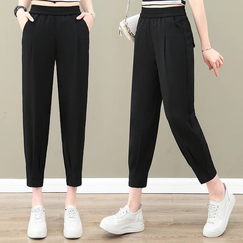 Women'S Summer Thin Style New Fashion Elastic High Waist Slim Sports 9-Point Trousers Loose Versatile Casual Harlan Pants