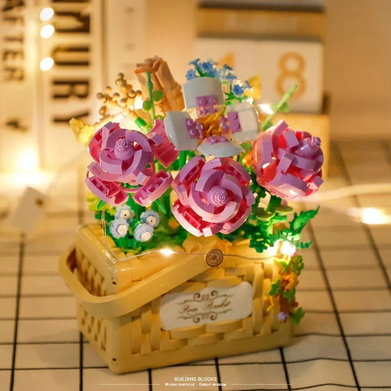 Sunflower Rose Flower Basket With Light Plant Mini Building Blocks Toy Desktop Decoration Adult Romantic Gift Kids Holiday Gifts