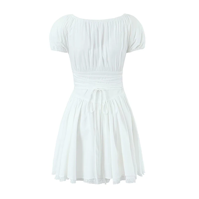 Yenkye-vestido feminino com cordões de manga curta, enfeite de renda doce, vestido branco fino, festa de férias, roupinha casual de algodão, novo, verão