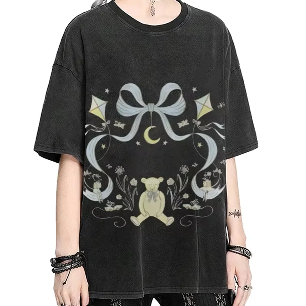 

Y2K Graphic T-shirt Bow Bear T-shirt All Cotton High Quality Oversize Washed T-shirt Teddy Bear Print Cute Y2K Trend Gothic