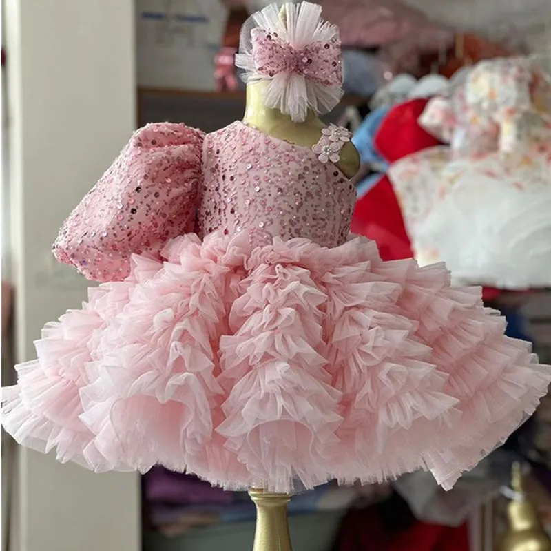 Baby Girl Luxurious Single shoulder cake Ball Birthday Party Wedding Dress pink bow tutu sequin Princess Baptismal kids Dress