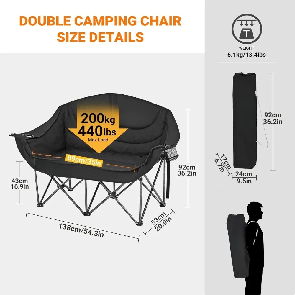 Silla plegable doble para acampar, sofá resistente para exteriores con portavasos, soporte para copa de vino, 440 libras