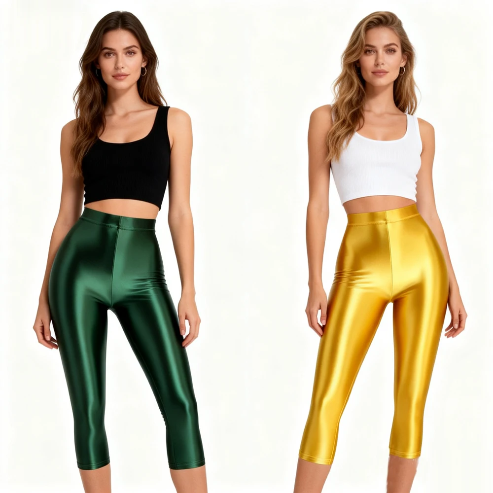 MJINM Women's High Waist Cropped Pants Oily Luster Tights Pantyhose Skinny Wetlook Sexy Capris Smooth Shiny Elastic Leggings