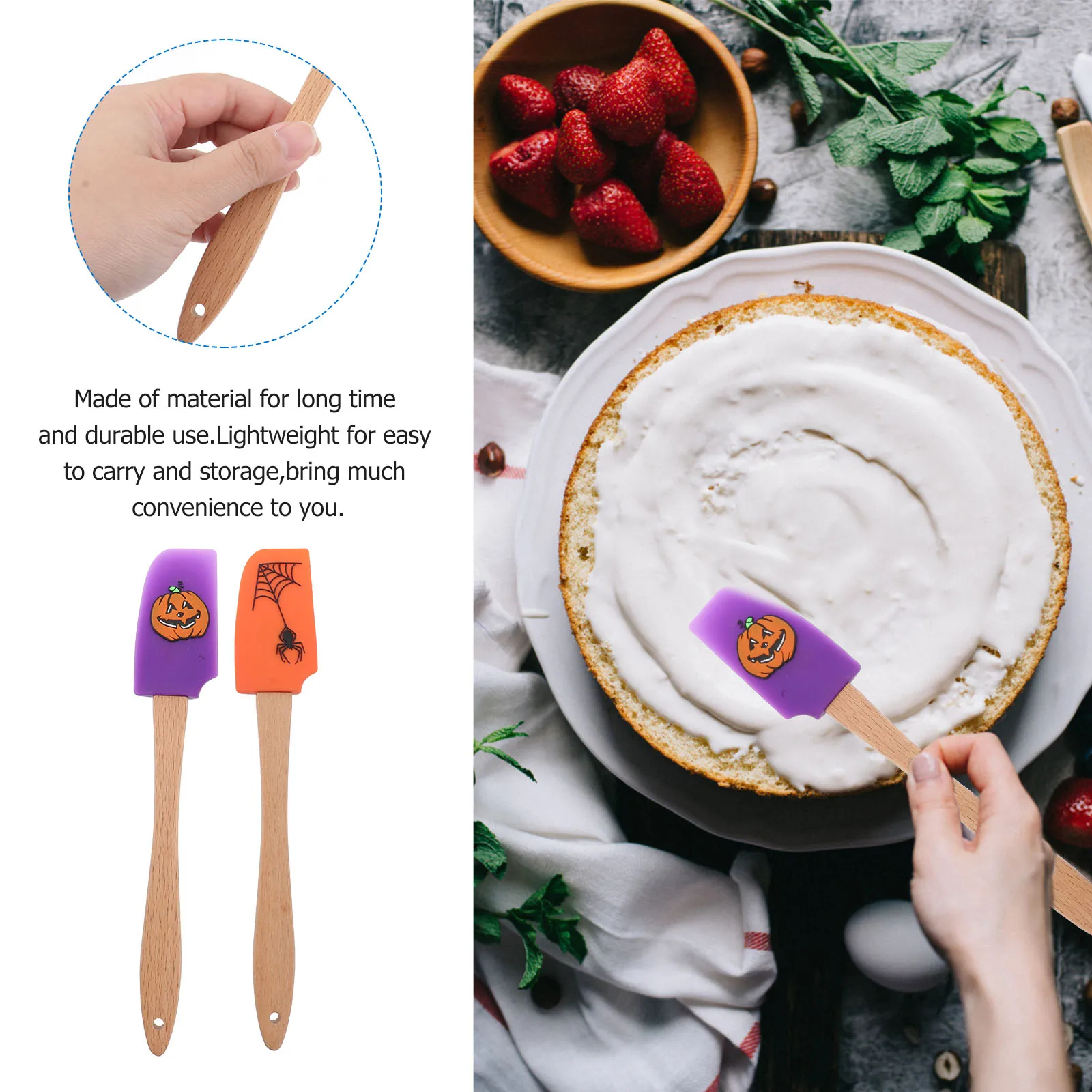 

2 Pcs Scraper Silicone Spatula with Wooden Handle Pumpkin Kitchenware Orange Turner Baking Utensils Hallowen Child