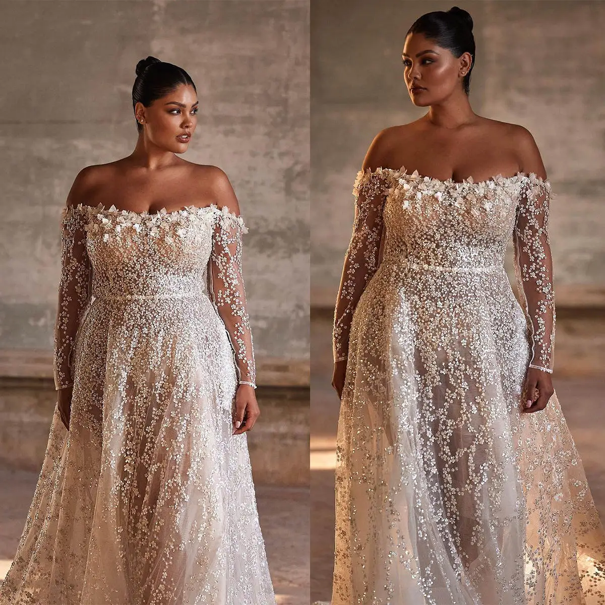 

Plus Size A Line Vestido De Novia Boat Neck Off Shoulder Wedding Dresses Appliques Beaded 3D Flowers Long Sleeve Bridal Dress