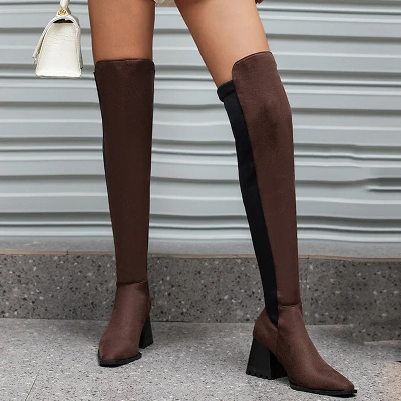 Big Size 48 Low Chunky Heels Women Stretch Long Boots Patchwork Nubuck Square Toe Wide Leg Over Knee Booties Slip On Shoes