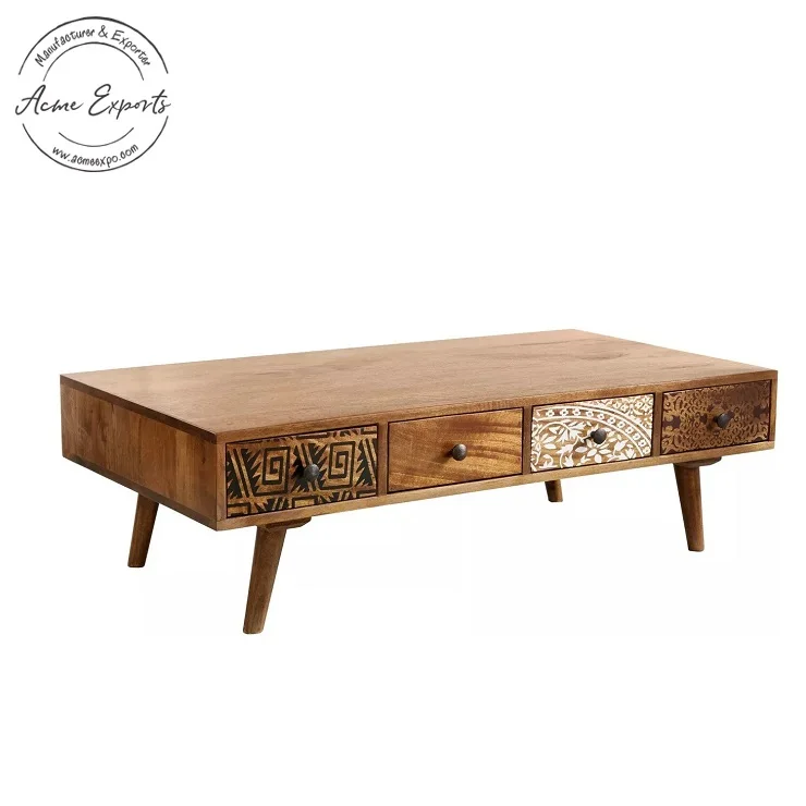 New Design Handcrafted Rectangular Wood Coffee Table with Small Carved Drawers For Living Room Drawing Room