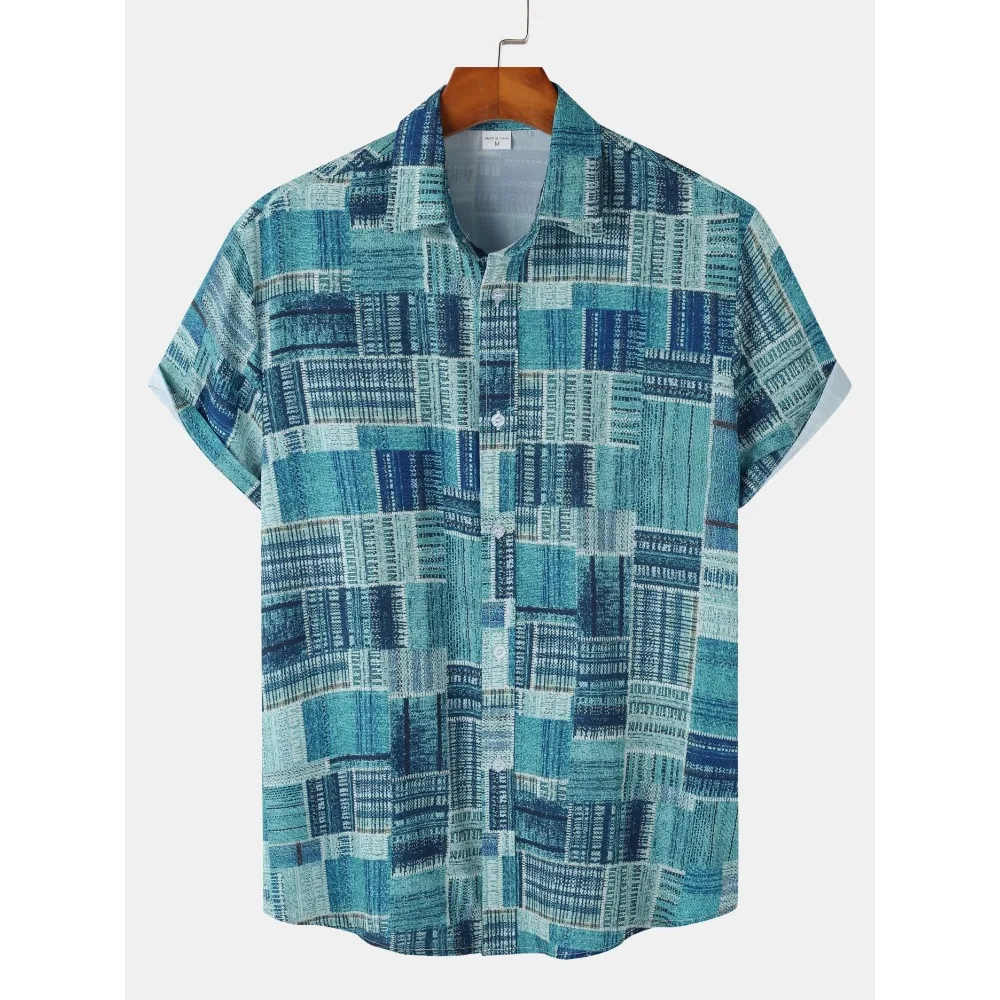 

Multi Style Aloha Hawaiian Shirt For Men Teal Patchwork Plaid Grid Print Short Sleeve Summer Beach Vacation Top