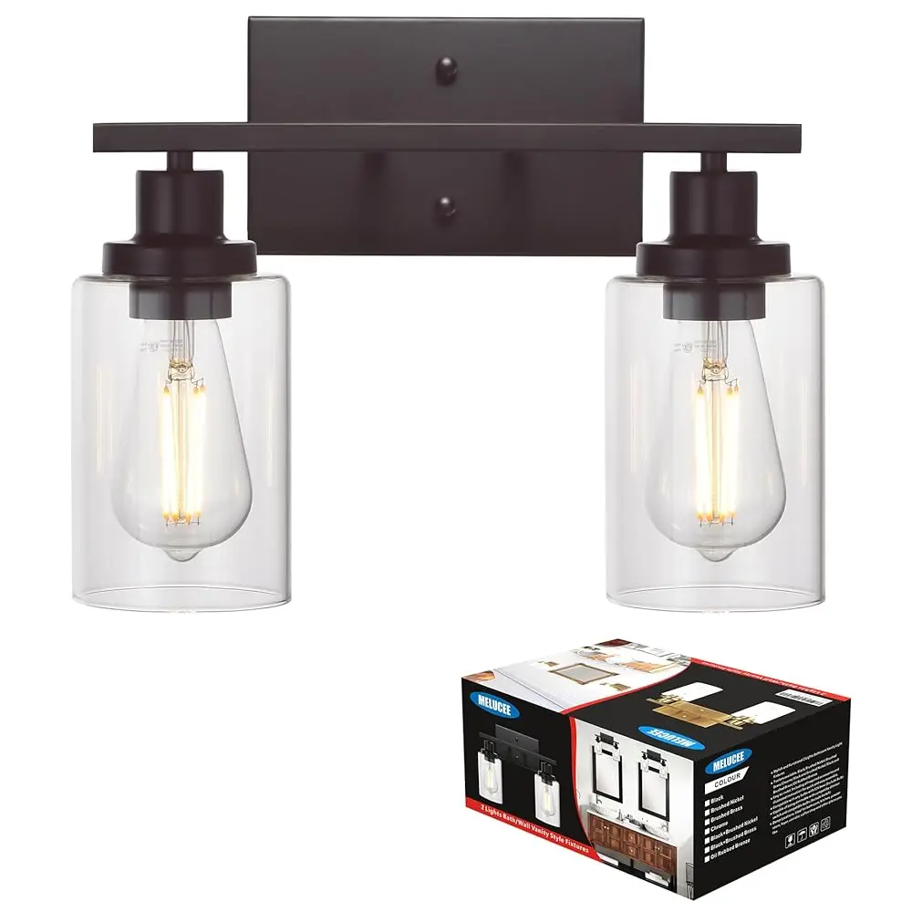 

2-Light Industrial Bathroom Lighting Oil Rubbed Bronze With Clear Glass Shade, Porch Light Fixtures Wall Mount Sconces For