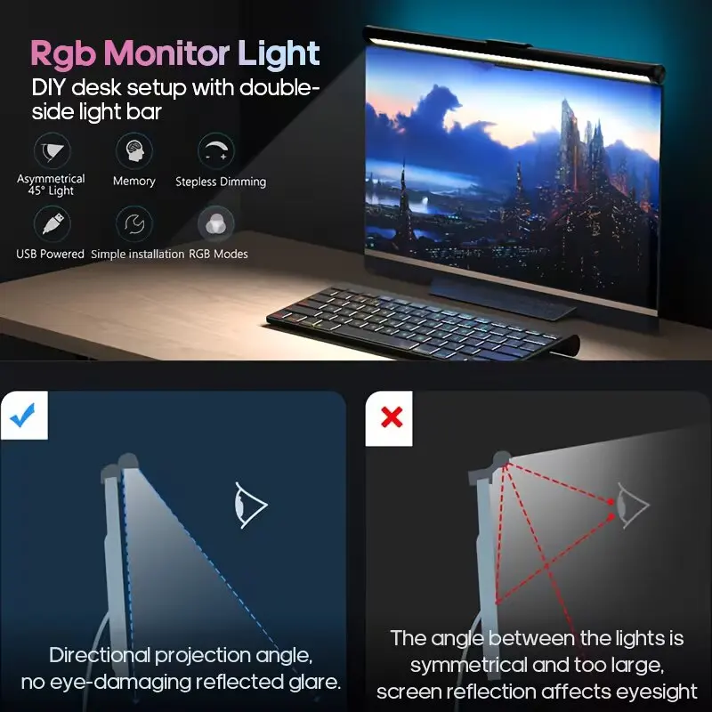 RGB Color Changing Monitor Light Bar USB Plug-in Stepless Dimmable Eye-Friendly Lamp for Gaming Desktop Laptop Work Desk view 5