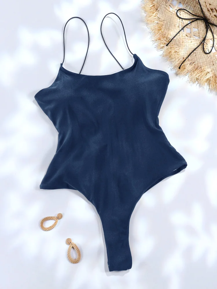 

Thongs Swimwear Women 2025 One Piece Female's New Backless Sexy Swimwear Blue Bodysuit Summer Suits Solid Beach Clothes