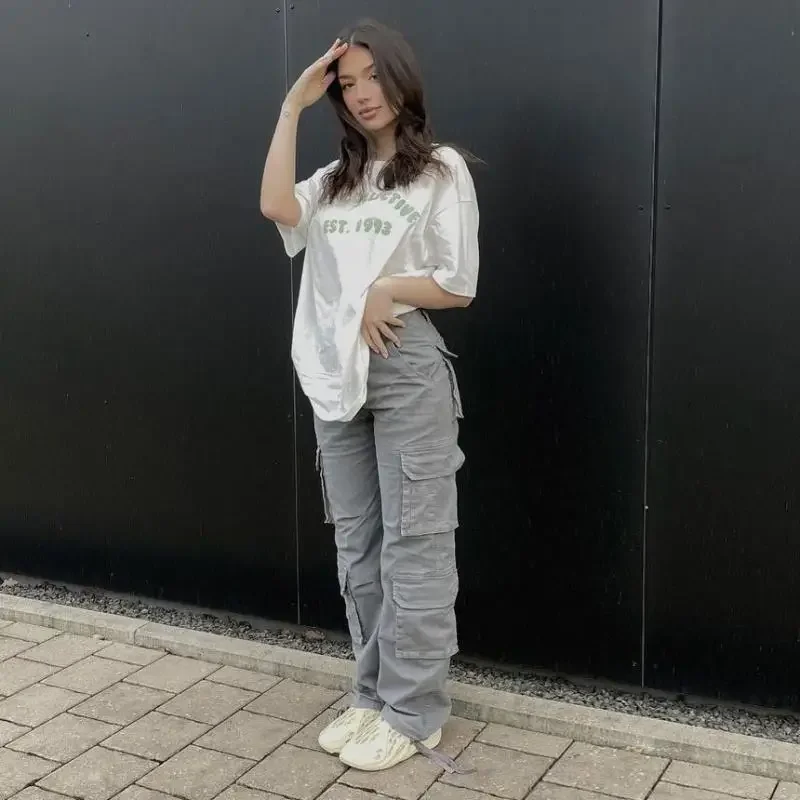 Women Cargo Pants Low Waist Vintage Grey Loose Streetwear Baggy Jeans Retro Sporty Pockets Wide Leg Denim Trousers Overalls