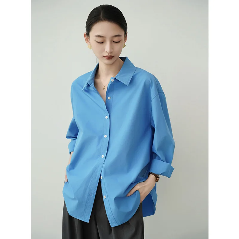 

Женские синие рубашки из чистого хлопка, весенние свободные повседневные корейские базовые рубашки с отложным воротником и длинными рукавами, топы