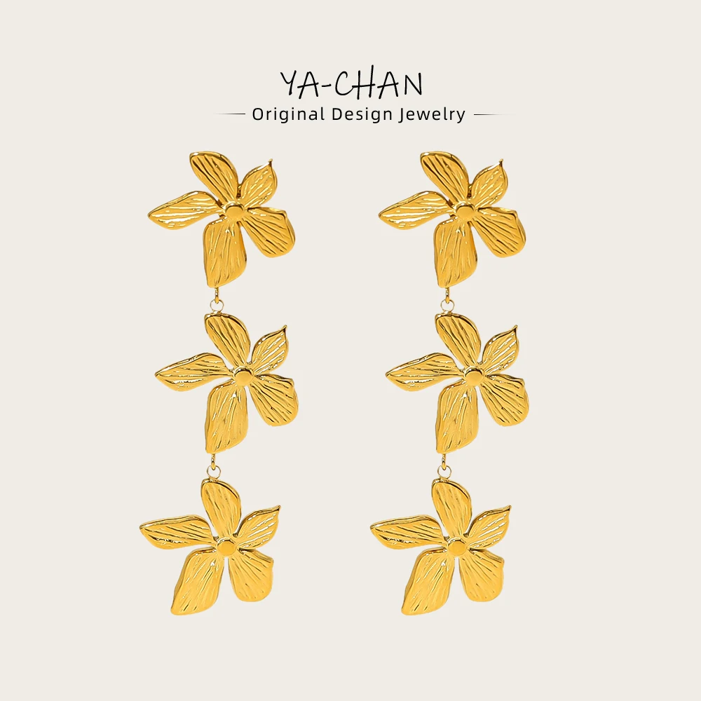 

YACHAN 18K Gold Plated Stainless Steel Long Drop Earrings for Women Irregular Flowers Dangle Earring Vintage Jewelry