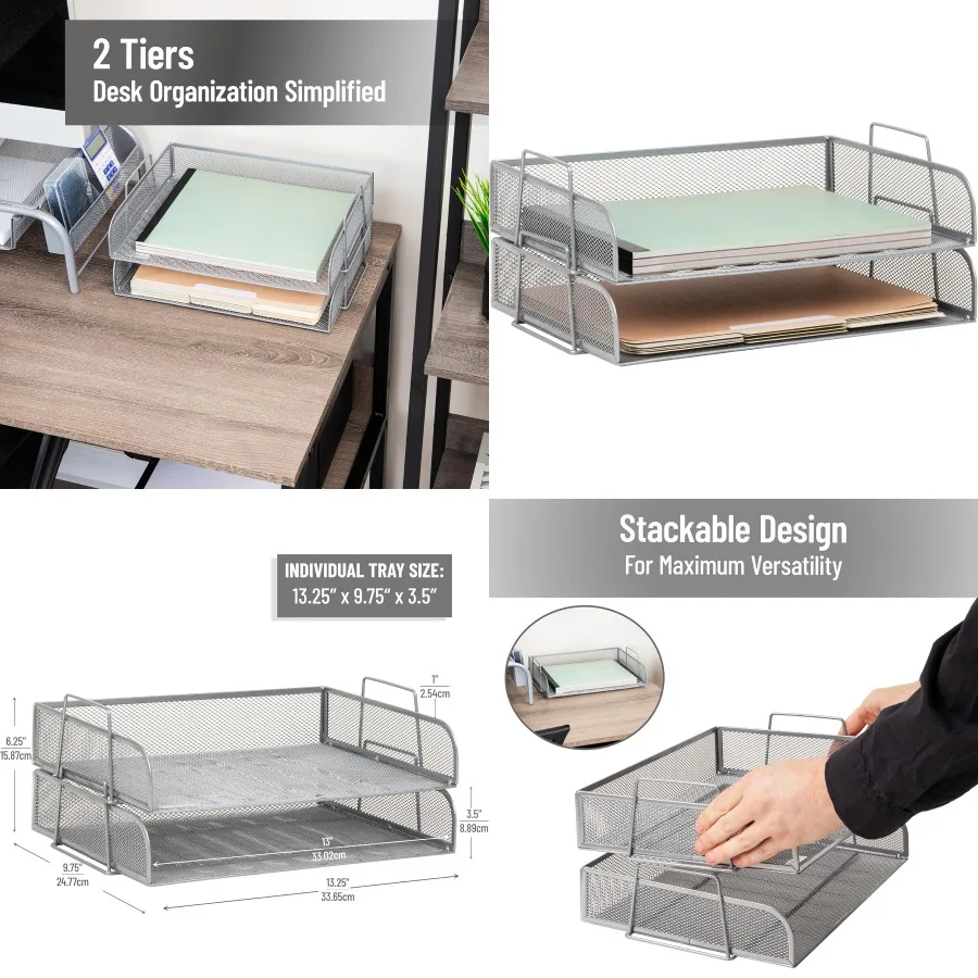 Vassoio carta impilabile Organizzatore da tavolo per archiviazione di file da ufficio con design a rete metallica Dimensioni 13,25 L x 9,75 L x 6,25 H Set
