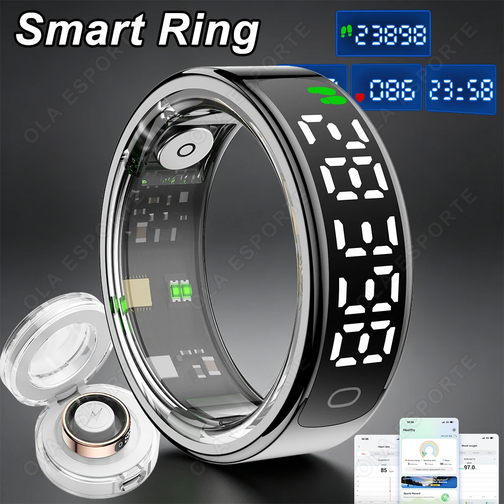 2026 New Smart Ring with Touch Display Screen With Charging Box Sleep Health Manager Pedometer Waterproof For Android iOS R12