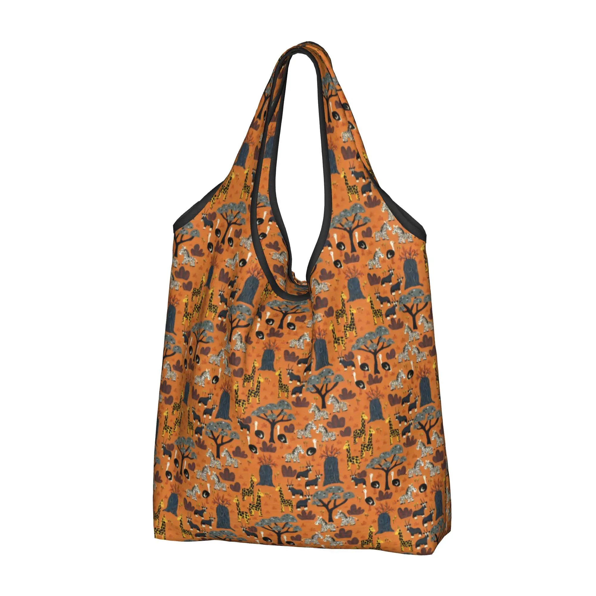 Funny Print African Wildlife Giraffe Ostriche Zebra  Shopping Tote Bags Portable Shoulder Shopper Samba African Safari  Handbag