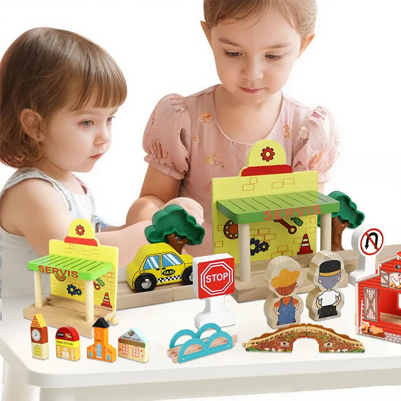 Wooden Train Track Bridge Tunnel Urban Railway Overpass Traffic Train Track Combined Wooden Accessories DIY Toys Birthday Gifts