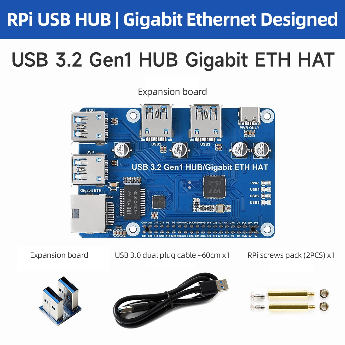 Raspberry Pi 4B USB 3.2 Gen1 HUB Gigabit ETH HAT 3x USB 3.2 Gen1 1x GigE Expansion Board Driver Free Plug & Play for RPi 3B+