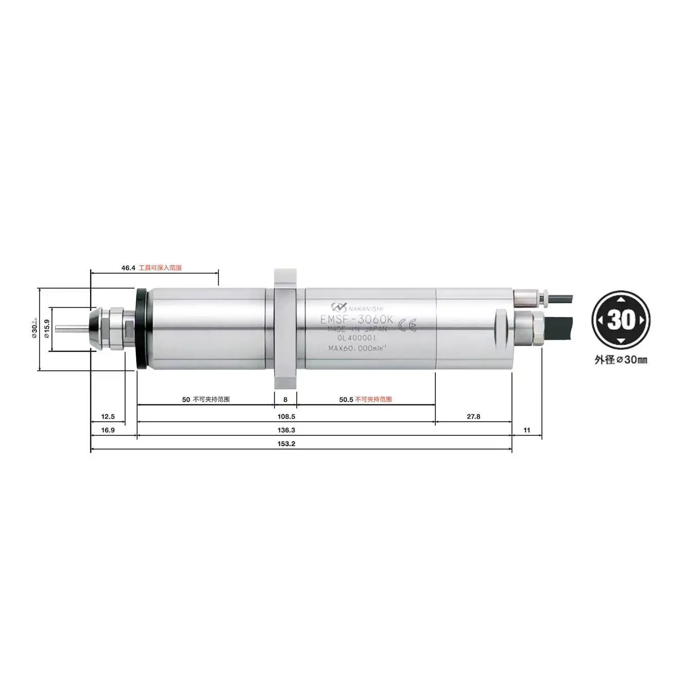 NAKANISHI self-contained flange integrated straight electric motor spindle EMSF-3060K