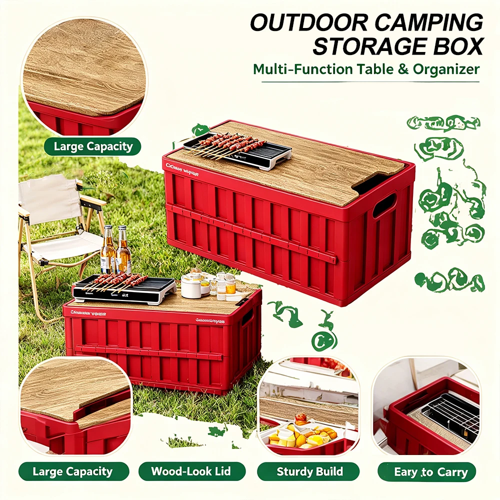 Große Outdoor-Camping-Aufbewahrungsbox mit Holztischabdeckung, Kofferraum-Organizer für BBQ und Strandtouren