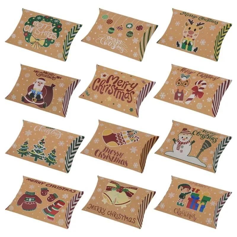 12/24pcs Christmas Pillow Candy Boxes Christmas Decoration For 2024 Xmas Kids Gift Box Navidad New Year Santa Packaging Bags