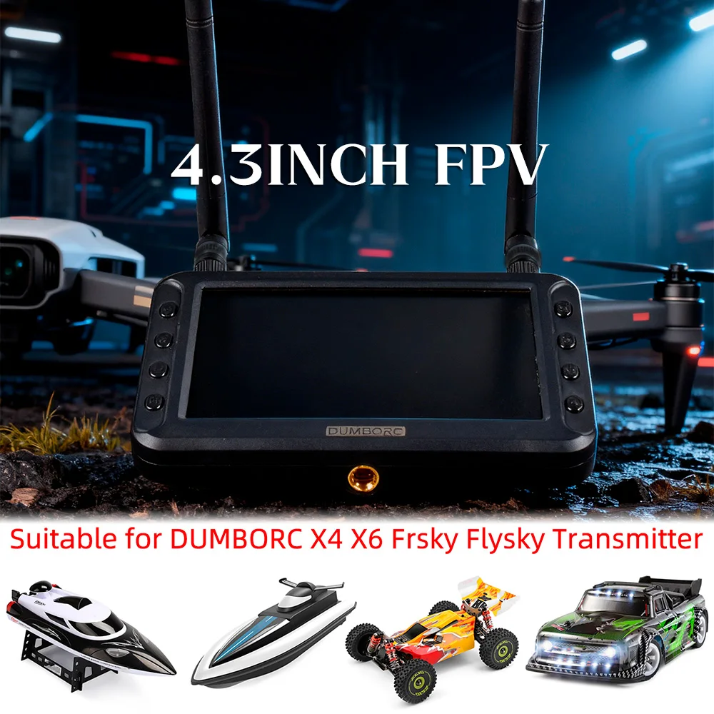 DUMBORC 4.3-inch FPV HD Display 5.8G Image Transmission Dual Antenna for RC Car Ship Drone
