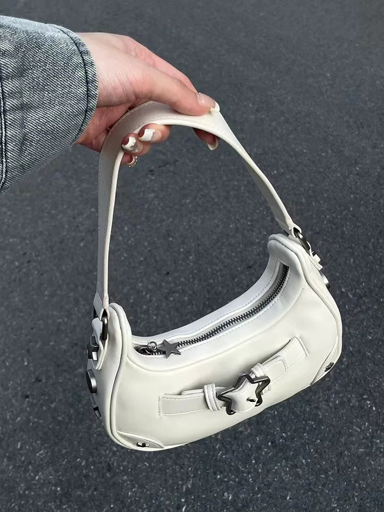 

New Vintage Korean Casual Cute White Star Shoulder Underarm Tote Bag Ladies Sling Bags Leather Zip Purses Handbags For Women