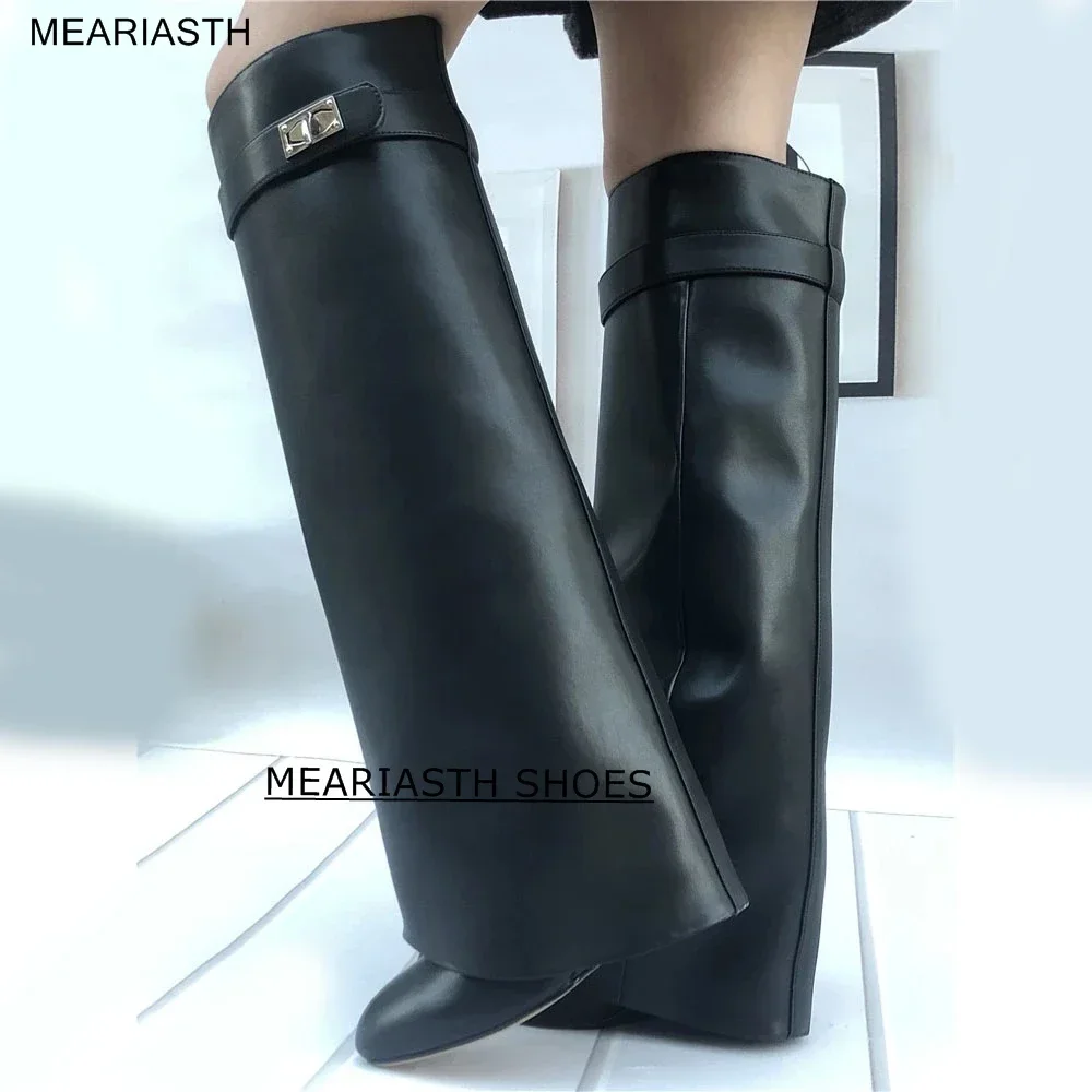 Silver Metal Shark Lock Over The Knee Boot Genuine Leather Women Height Increasing High Heel Wedges Pointed Toe Knee High Boots