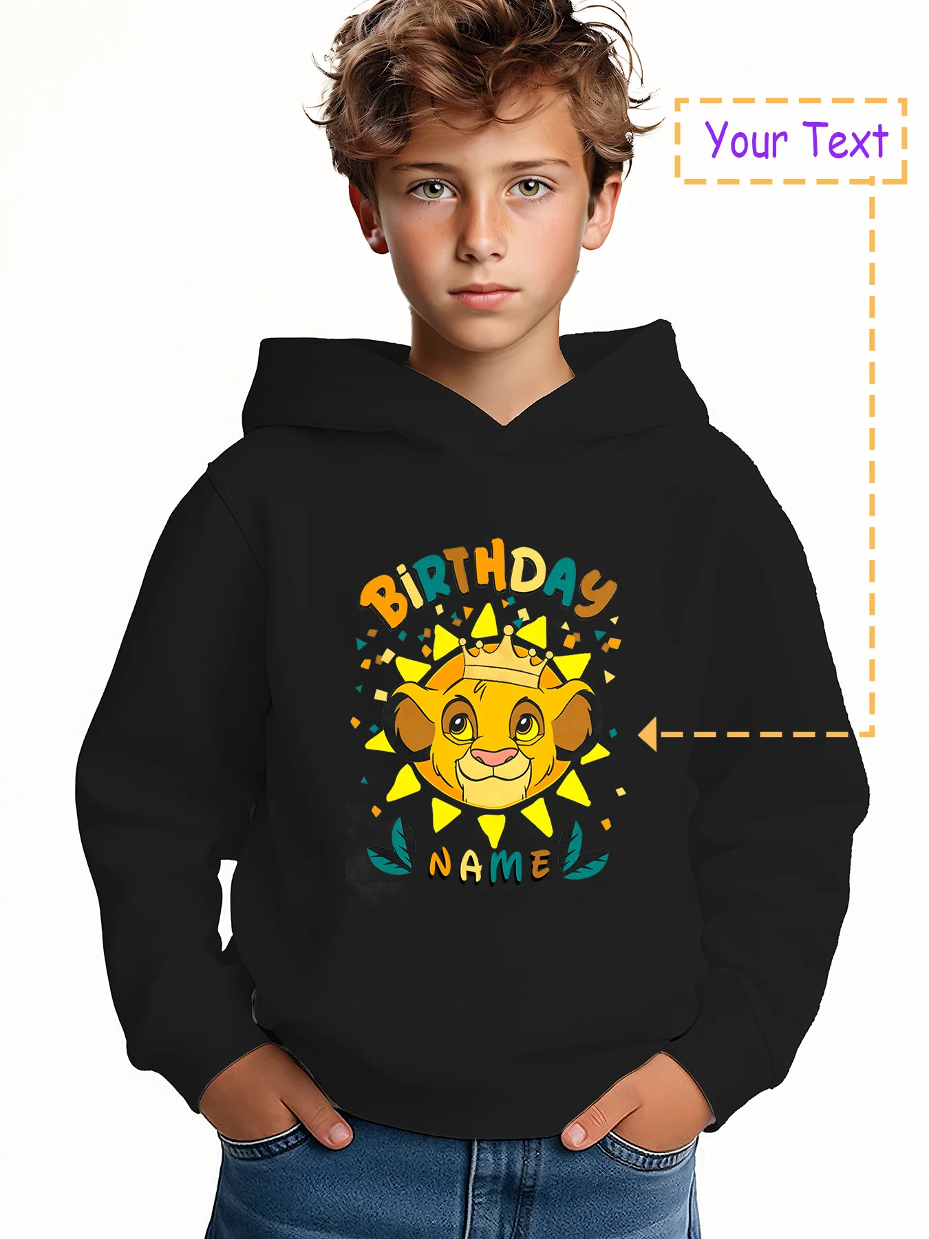 

MINISO Birthday Crown Simba Hoodie - Featuring a colorful "BIRTHDAY NAME" design and a birthday crown from the Lion King
