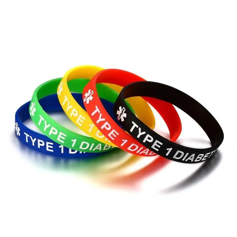 A52E Medical Alert Type 1/2 Diabetes Bracelet 5Pcs Silicone Wristband Lightweight 7.5’’ Diameter Wearable Band for Kids